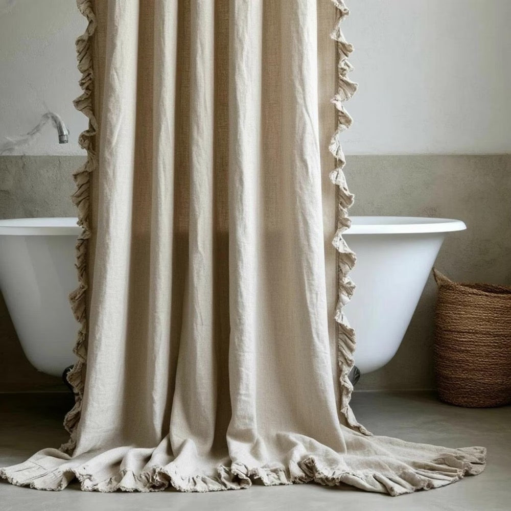 Ruffled Linen Shower Curtain. Natural Organic Douch Drape. Bathroom Linen Valance