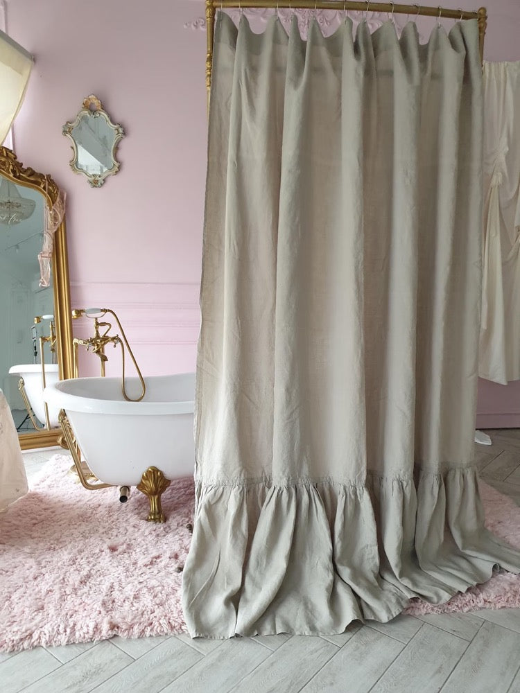 Ruffled Linen Shower Curtain: Farmhouse Style, Stonewashed Organic Linen