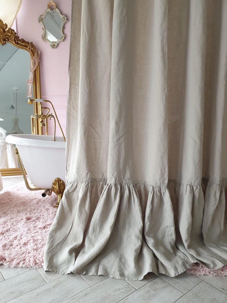 Ruffled Linen Shower Curtain: Farmhouse Style, Stonewashed Organic Linen