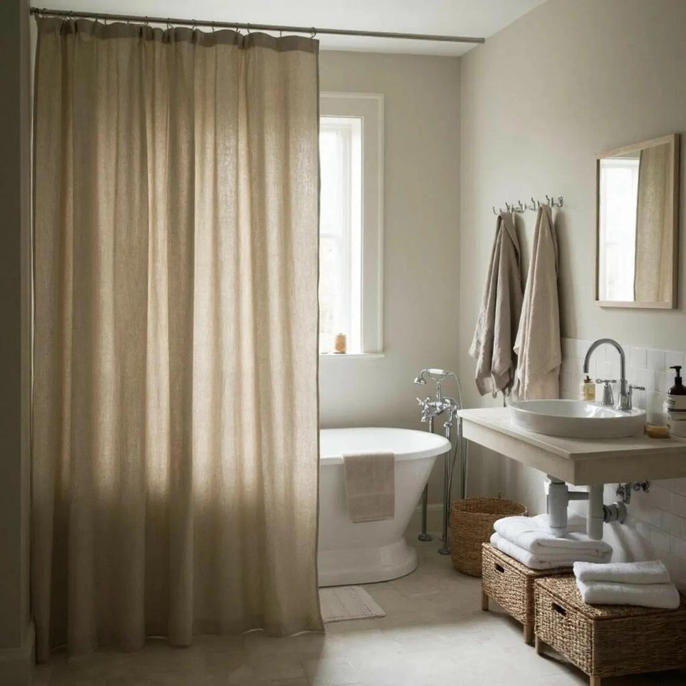 Organic 100% Flax Shower Curtain. Custom Size. Fabric Douche Drape. Buttonhole Top Panel
