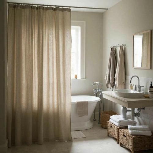 Organic 100% Flax Shower Curtain. Custom Size. Fabric Douche Drape. Buttonhole Top Panel