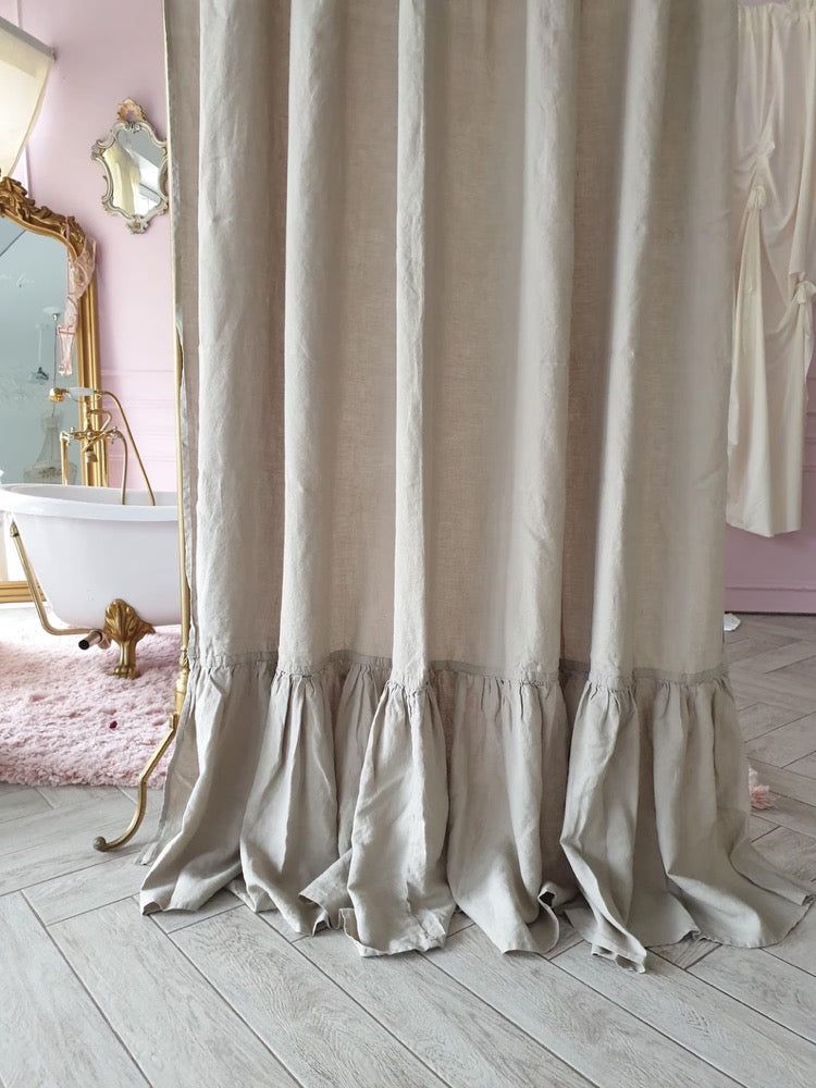 Ruffled Linen Shower Curtain: Farmhouse Style, Stonewashed Organic Linen