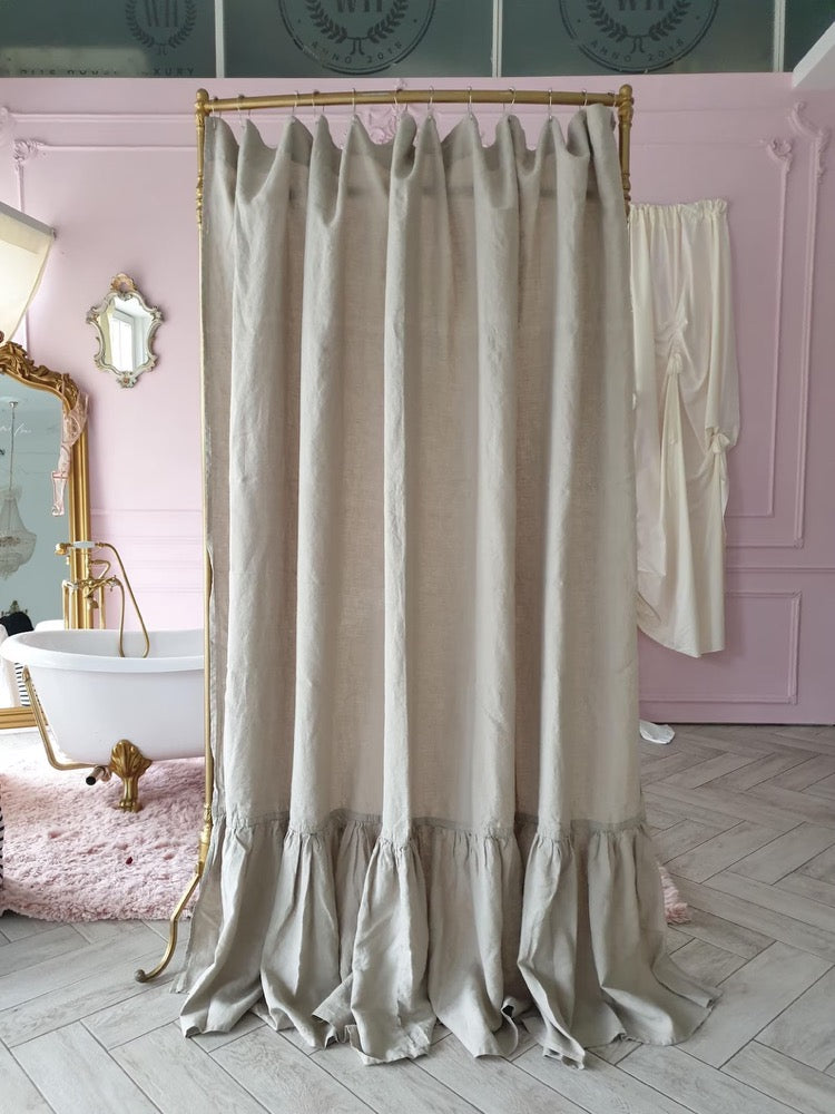 Ruffled Linen Shower Curtain: Farmhouse Style, Stonewashed Organic Linen