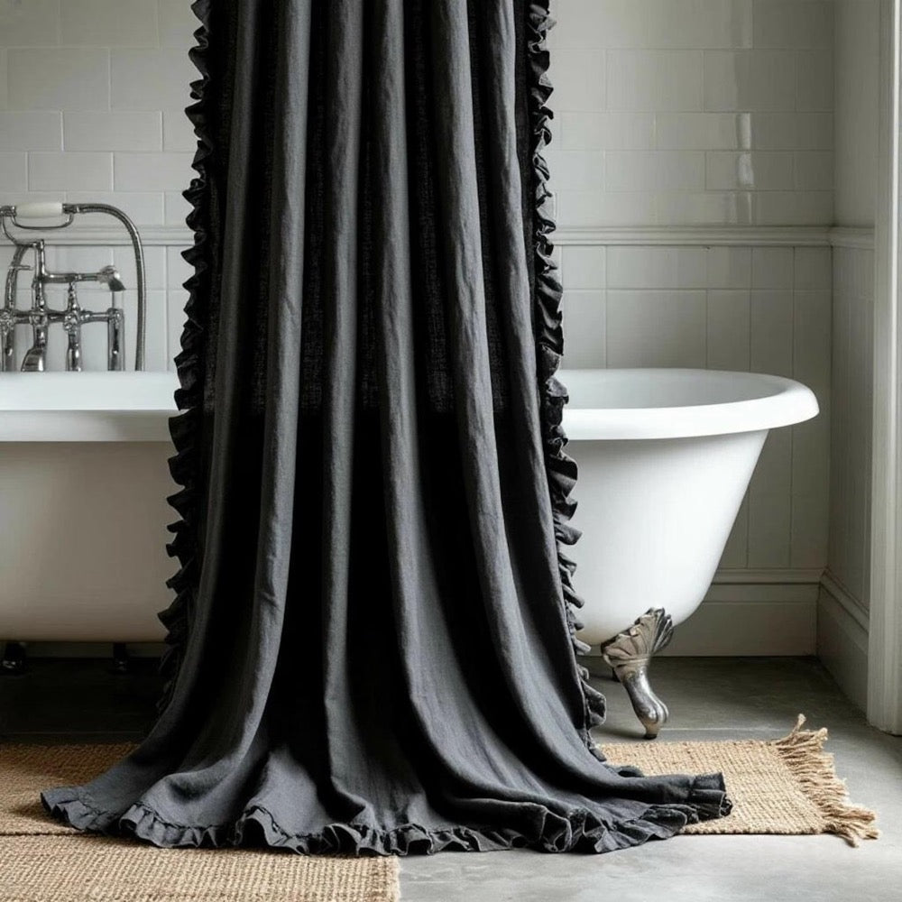 Ruffled Linen Shower Curtain. Natural Organic Douch Drape. Bathroom Linen Valance