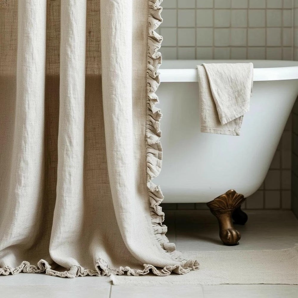 Ruffled Linen Shower Curtain. Natural Organic Douch Drape. Bathroom Linen Valance