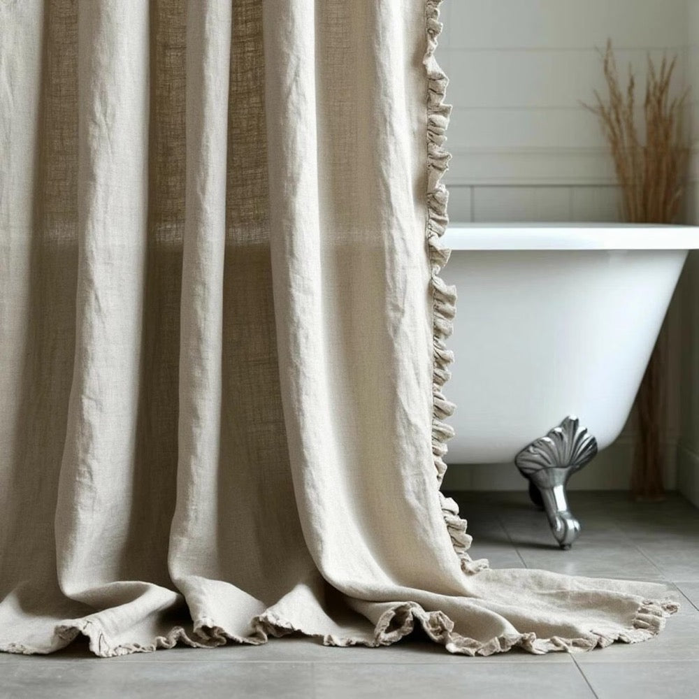 Ruffled Linen Shower Curtain. Natural Organic Douch Drape. Bathroom Linen Valance